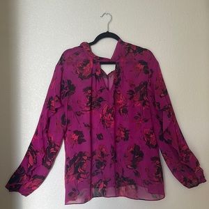 Magenta Floral Print Sheer Long Sleeve Top Size Xl